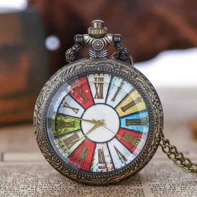 Retro Bronze Roman Numeral Glass Colorful Dial Pocket Watch With Roman Label Necklace Pendant Quartz Clock Gift Men and Women