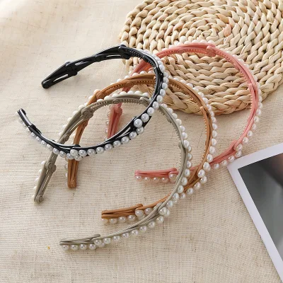 Women's Portable Travel Expandable Foldable Hair Band Non-Slip Pearl Hair Clip Accessory Face Washing Headband