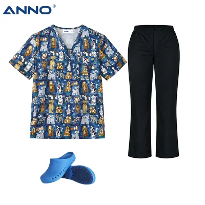 Pet Clinic Nursing Uniform Chlorine Resistant Animal Prints 3pcs Set with High-Temperature Sterilizable TPE Shoes