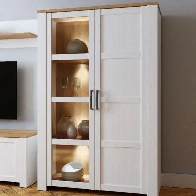 Wholesale Modern Farmhouse White Wood Glass Door LED Lighted Display Cabinet Curio Cupboard Adjustable Height Space Entry Hotel
