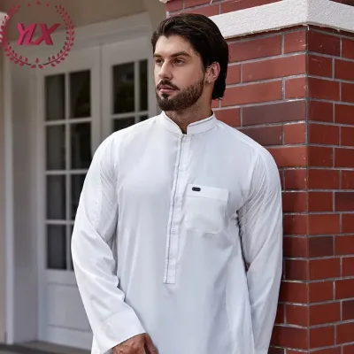 Classic White Arabian Men's Long Robe, Simple Stand-up Middle Eastern Style Clothing