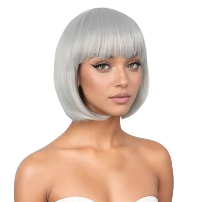 Mengtong Women's Silver Grey Full Bangs Synthetic Wig Nier Mechanical Era Hairpiece with Straight Style