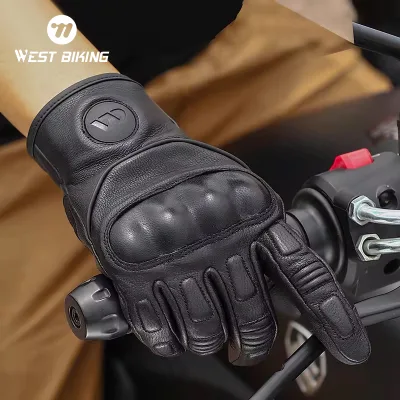 WEST BIKING Breathable Full Leather Motorcycle Gloves Comfortable to Wear Perforated Design Cycling Windproof and Warm Gloves