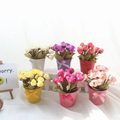 Handmade Garden Star Small Bonsai Set Iron Barrel Simulation Rose Bud Ornaments Wedding Thanksgiving Photo Props Plants Greenery