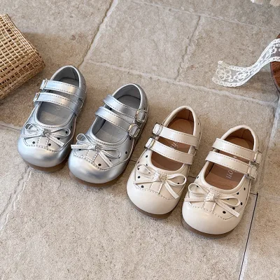 New Retro Double-button Bow Children's Soft-soled Shallow Shoes for Girls in Spring and Autumn