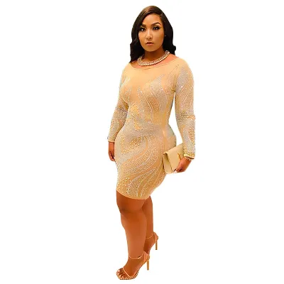 Winter Women Elegant Stretchy Crystals and Pearls Skirt Dress Lady Bling Bling Long Sleeves Beaded Casual Dress