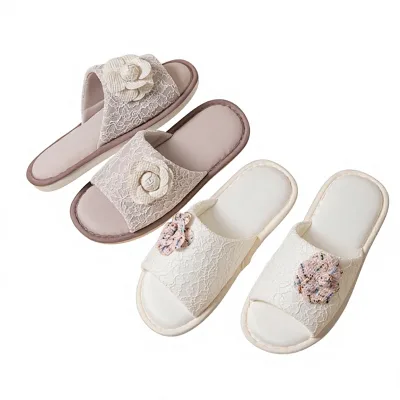 Home Cross-border Embossed Floral Linen Breathable Open-toed for Women Hollowed-Out Indoor/At-Home Slip-On