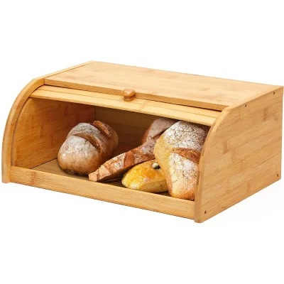 Vintage Large Natural Bamboo Roll Top Bread Box Kitchen Countertop Food Storage Roll Top Bread Box