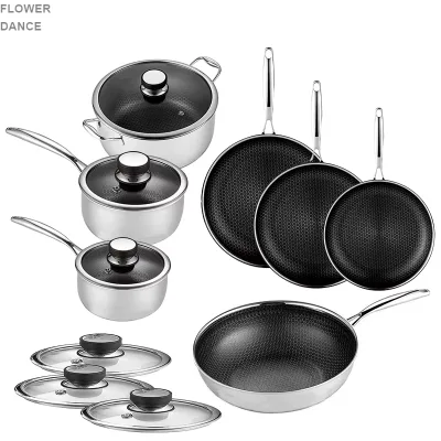 13 Pcs Hex Hybrid Cookware Set W/ Lids Stainless Steel Wok Kitchenware 3-ply Stainless Steel Honeycomb Non Stick Wok Pans