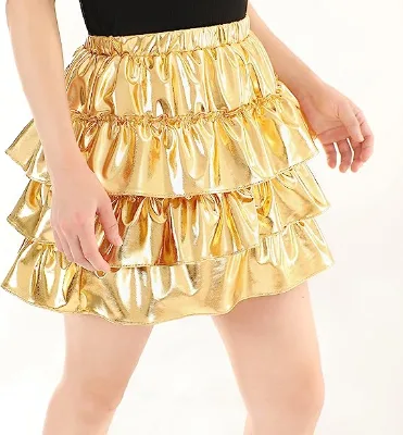 Summer Shiny Metallic Tiered Ruffle Skirt Elastic Waist Multi Layer Cake Mini Skirt for Kids Party Performance Customizable