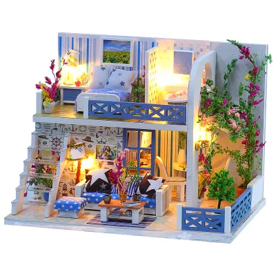 IIECREATE 3D DIY Assembly Wooden Handmade Mediterranean Miniature Doll House Kit 1:24 Scale with Light for Adults