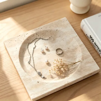 Square Round Wedding Decoration Beige Travertine Irregular Shape Polished Jewelry Display Tray