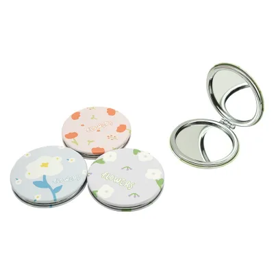Printed Folding Metal Mini Makeup Mirror Cute Round PU Leather Double Sided Magnifying Portable Makeup Mirror