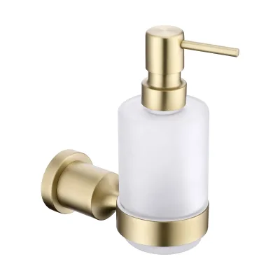 Brushed Gold Stainless Steel Frosted Glass Bottle Bathroom Liquid Soap Pump Modern Round Base Wall Mount Soap Dispenser