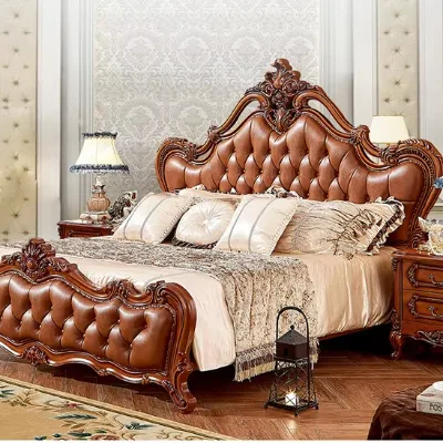 Hot Sale Classical Leather Furniture Bedroom Set Solid Wood Furniture King Bed Furniture America Style Luxury Furniture