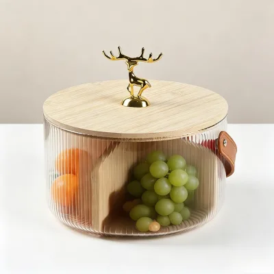 Large Capacity Vertical Striped Glass Fruit Basket with Bamboo Divider & Deer Bamboo Lid Multi-grid Snack Storage Bucket