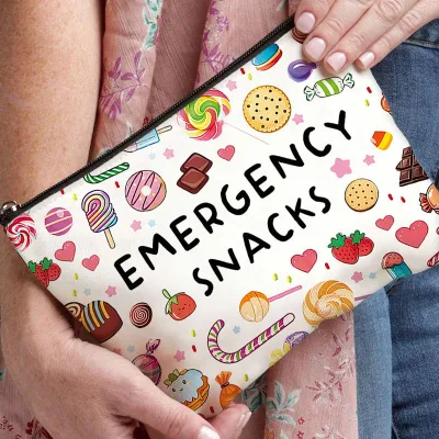 Ginzeal Emergency Snacks Printed Canvas Makeup Bag Cartoon Pattern Portable Zipper Travel Cosmetic Pouch