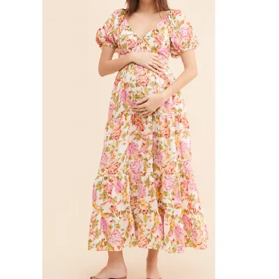 Fancy Puff Sleeve Drawstring V-neck Empire Waistband Shirred Maxi Floral Print Dresses for Pregant Women Summer