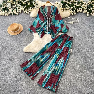 Women Summer Boho 2 Piece Outfit Rhinestone Trim Deep V Neck Batwing Sleeve Top Pleated Wide Leg Pants Vacation Set