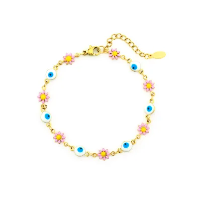 Summer Beach Non Fade Versatile Couple 18K Gold Plated Stainless Steel Ankle Chains Colorful Flower Eyes Charms Anklet Unisex