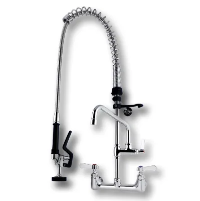 38\" Commercial Kitchen Faucet Three Handle Wall Mounted 360 Degree Rotation Hot Cold Mixer Hand Spray Flexible 2 Holes