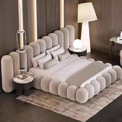 King Size Velvet Upholstered Bed Frame Piano Key Shape Rounded Bolster Headboard Greige Platform Bed Bedroom Furniture Set Lit