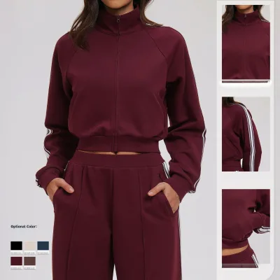 Color Blocking Sweatshirt Jacket High Neck Windproof Zippered Top Thick Outdoor Sports Cycling Coat with Pockets Women