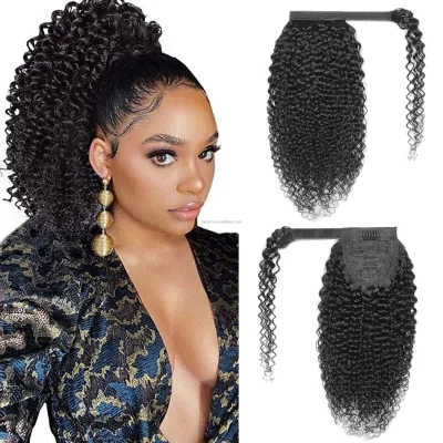 Raw Virgin Cuticle Aligned 12A Grade Remy Human Hair Wholesale Wrap Kinky Curl Ponytail Extensions Natural Brazilian Long Length