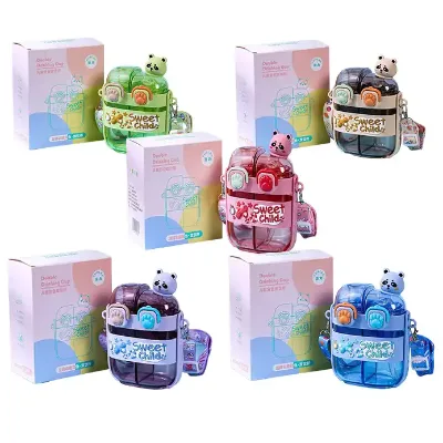 500ml Kids Plastic Water Bottle Cartoon Double Drinking Straw Cup Cute Student Plastic Kettle Cups with Holder Lanyard