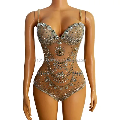 2022 Prom Dress Transparent Net Silver Rhinestones Bodysuit Sexy Prom Dresses