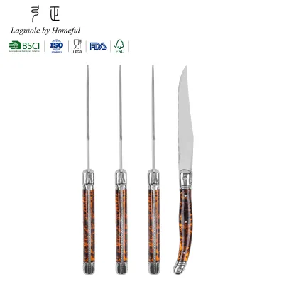 Custom Logo 4pc Meat Cutting Laguiole Serrated Knife Amber Tortoiseshell Handle Steak Knives for Restaurant Hotel Gift Box