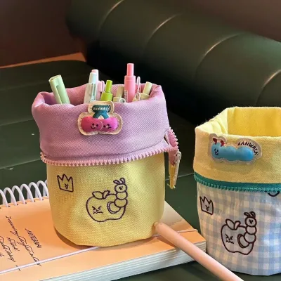 Little Red Riding Book Japanese Style Vertical Flip Fabric Pencil Bag Cartoon Fruit Design Large Capacity School & Office Use