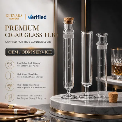 Guevara Borosilicate Glass Cigar Tube With Wine Cup Breathable Cork Acrylic Base Custom Logo Cigar Accessories Wholesale
