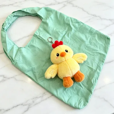 Trendy Kawaii Plush Attached Foldable Shopping Tote Bag Cute Charm Reusable Lightweight Grocery Bag Custom Portable Plush Bag