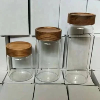 Kitchen Accessory Threaded Mason Spice Jar Eco-Friendly Food-grade Borosilicate Glass Storage Jar Sealed Acacia Wood Lid Carton
