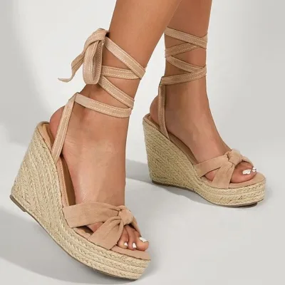 Custom Manufacturer Design Summer Fashion Lace up High Heel Apricot Color Platform Knot Front Tie Leg Espadrille Wedge Sandals