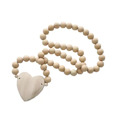 Wooden Bead Garland with Wood Heart Prayer Beads for Rustic Farmhouse Home Decor