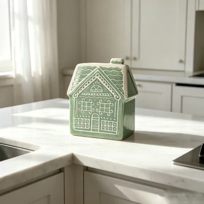 Green Embossed Gingerbread House Ceramic Tabletop Ornament White Icing Pattern Freestanding Home Decor Figurine for Christmas