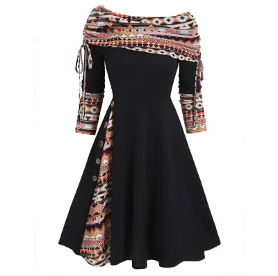 Women's Elegant Color Blocking Midi Dress Satin Plus Size Casual Bandage Long Sleeve Shoulder Customizable Geometric Print