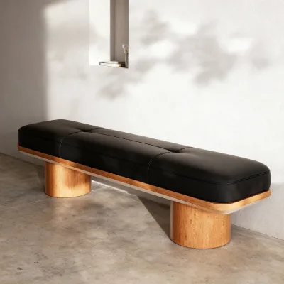 Solid Wood Bench with Black Leather Seat Cylinder Legs Padded Upholstered Entryway Stool for Living Room Hallway Bedroom Banco