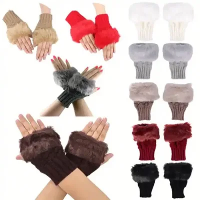 Winter Gloves Female Fingerless Gloves Without Fingers Pompom Faux Fur Wrist Mittens Knitted Gloves