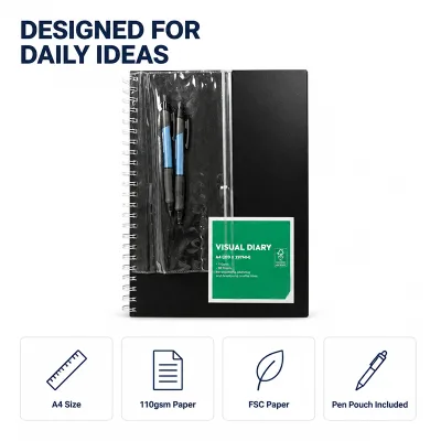 Visual Diary Spiral Notebook A4 Journal Pen Pouch 110gsm Paper FSC Certified for Daily Ideas Planning Sketching Note Taking