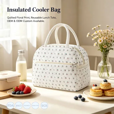 Custom Quilted Floral Print Insulated Cooler Bag Reusable Thermal Lunch Tote OEM ODM for Women Office Daily Use