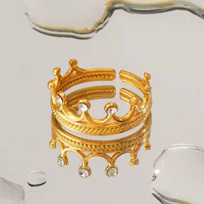 18K Gold-Plated Stainless Steel Ring Fashionable Simple Diamond Crown Rhinestone with Elegant High-End Light Luxury Ring