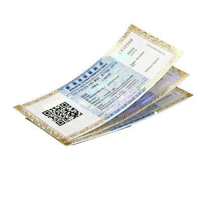 Custom UV Printed Anti-counterfeiting Security Thread Ticket Gold-embossed Heat Sensitive Cardstock with QR Code & Serial Number