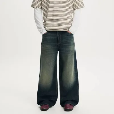 ZY Custom Men's Denim Wide Leg Pants 100% Cotton Casual Medium Wash Mid Rise Washable Hip Hop ODM Jeans