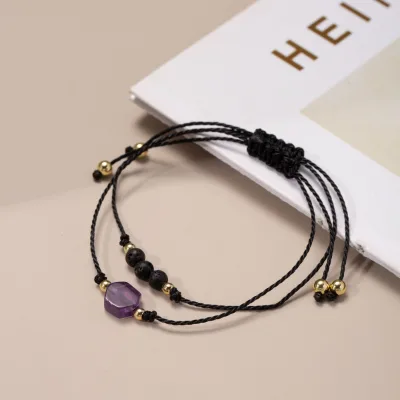 16K Real Gold Beads Simple Hand Woven Gemstone Amethyst Rose Quartz Beads Adjustable Yoga Bracelet With Lava Stone Card Set
