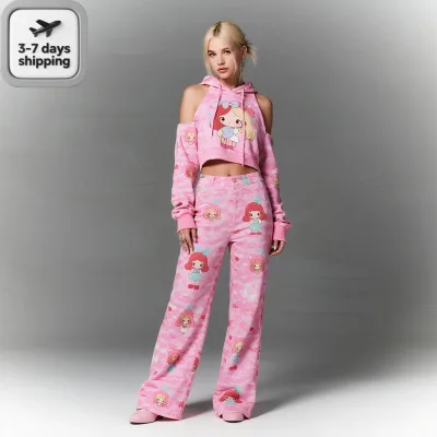 Custom Women's Off the Shoulder Sweatshirt and Wide Legged Pants Set Vintage Y2K Style Hoodies Sweatpants Sets
