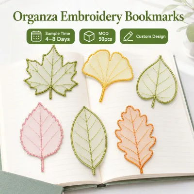Customized Organza Leaf Bookmarks Handmade Embroidery Leaf Shape Book Marker Elegant Fabric Stationery Gift for Reader Lover