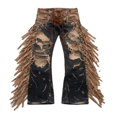 DIZNEW Man Jean Black Washed Flare Heavy Bleach Rip Full Side Leather Fringe Lace up Waist Rivet DZ Leg Embroidery Gothic OEM
